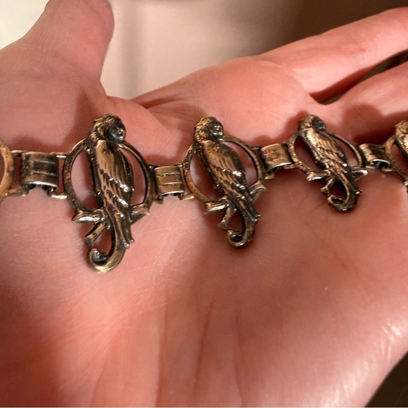 Antique Victorian deco gold vermeil Sterling silver bird parrot wide bracelet - Picture 4 of 17
